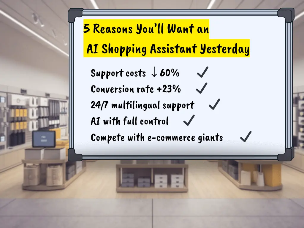 Whiteboard checklist with five key benefits of AI shopping assistants in e-commerce, placed over a blurred retail store background.