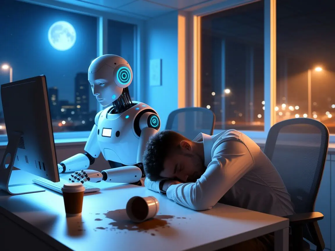 Robot AI assistant continues working through the night while a tired employee sleeps at his desk—illustrating 24/7 support without burnout.