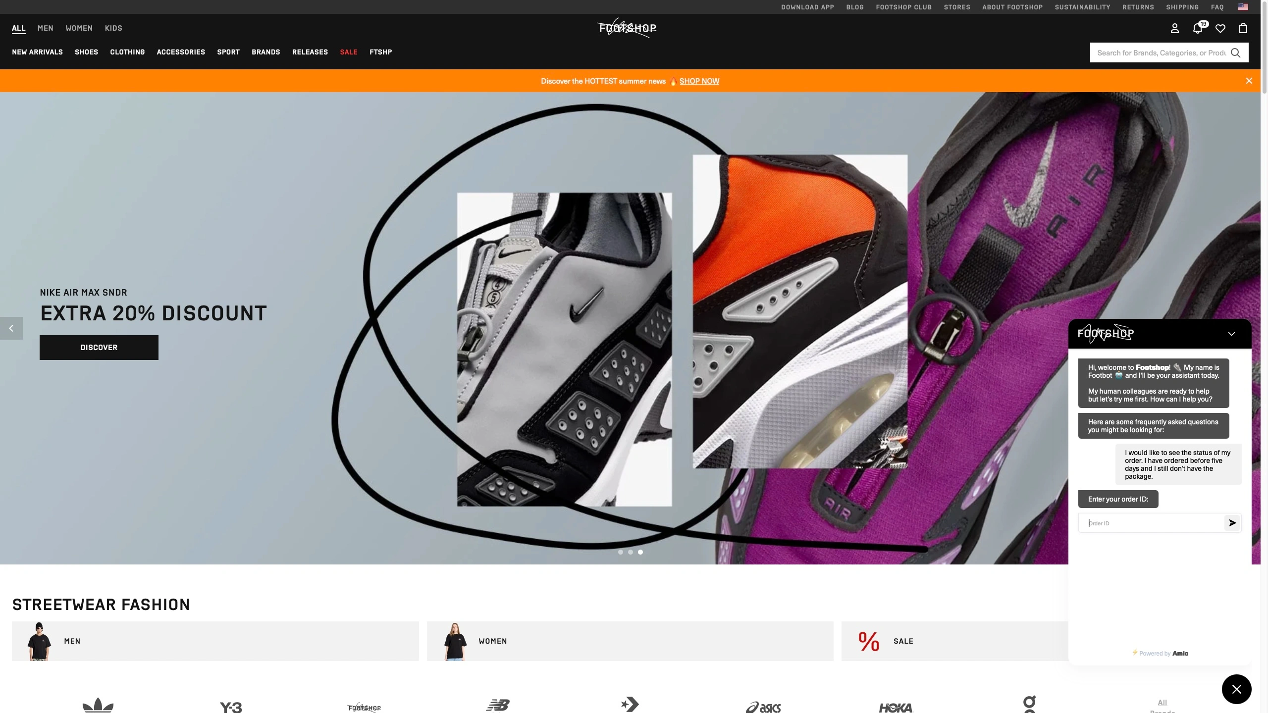 Footshop’s homepage with a live chatbot helping a customer track their order.