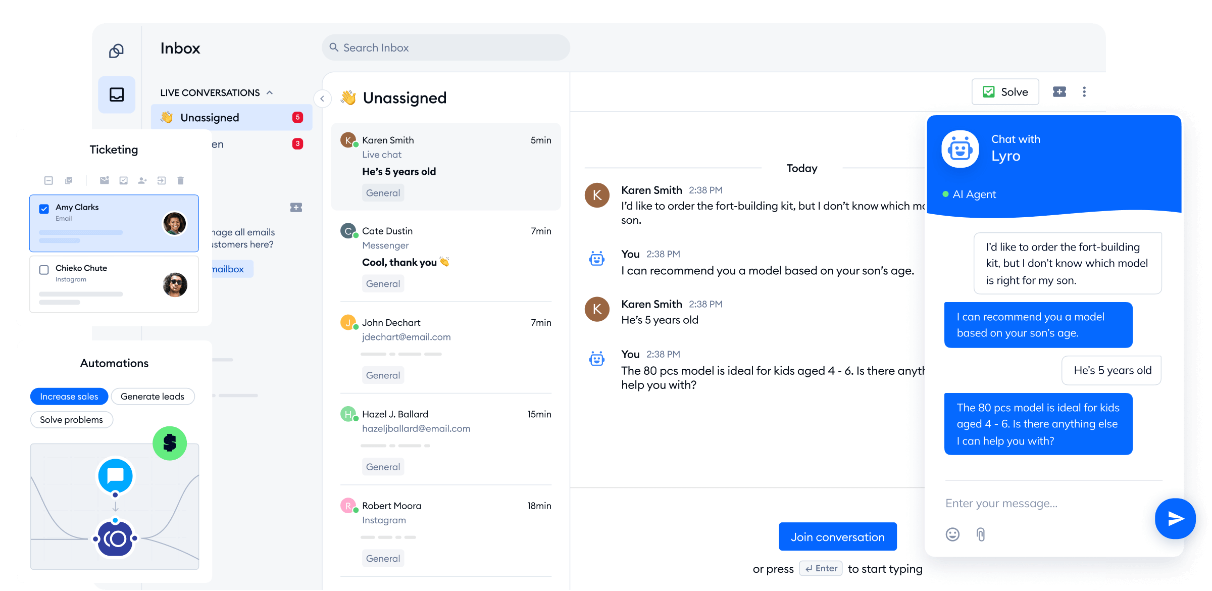 Screenshot of Tidio’s dashboard showing an AI chatbot (Lyro) assisting a customer in real time by recommending a toy model suitable for a 5-year-old child, with the live conversation interface and support ticket system in view.