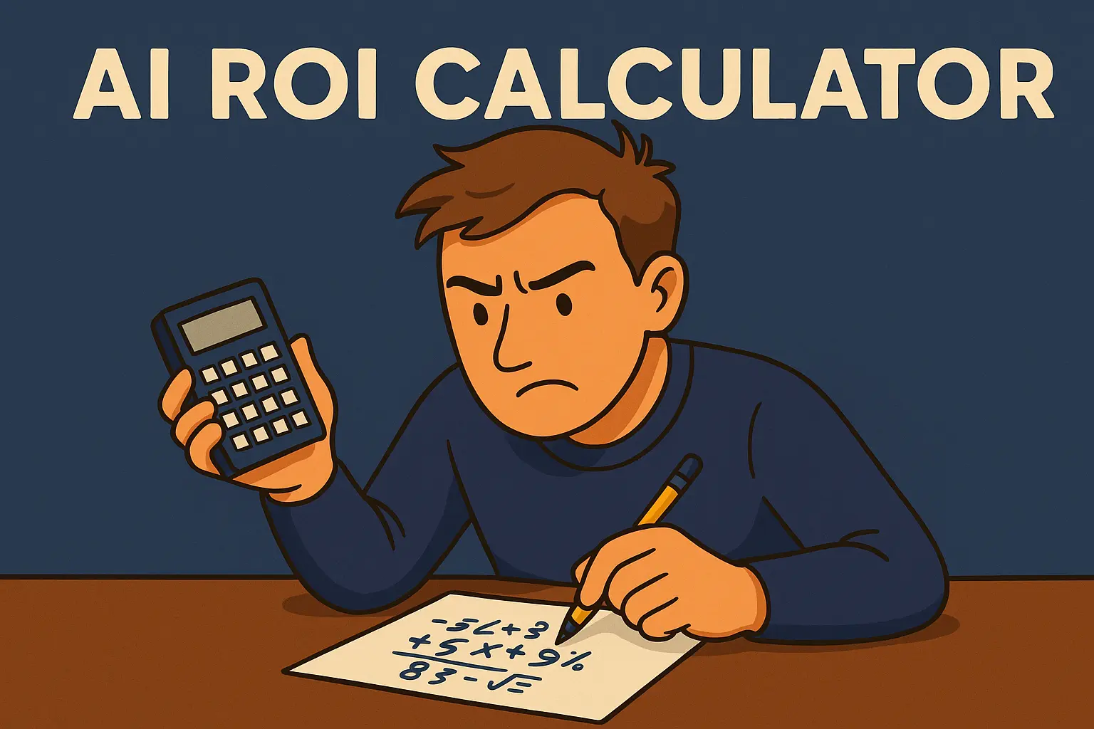 Flat digital illustration of a man calculating AI ROI with a calculator and paper, symbolizing how complex measuring AI ROI can feel.