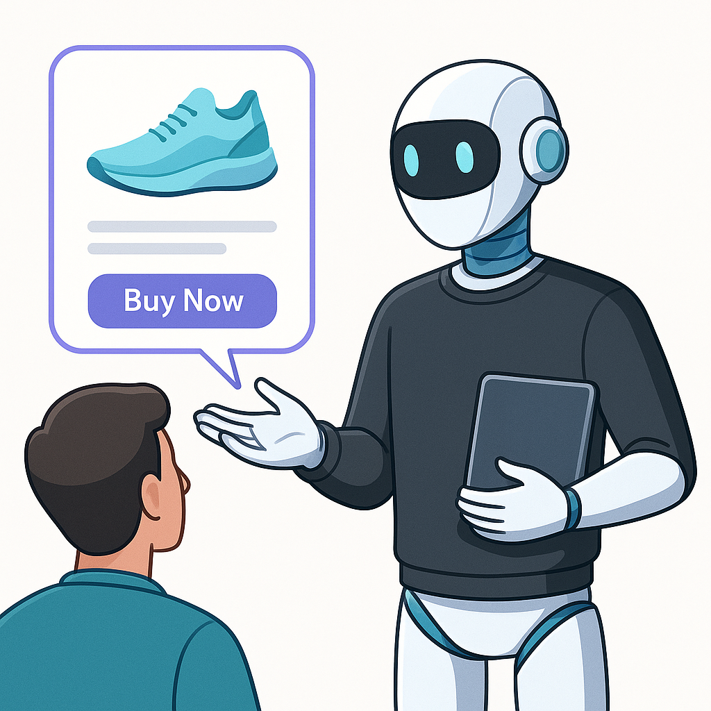 AI chatbot recommending running shoes with a Buy Now button in an online chat.