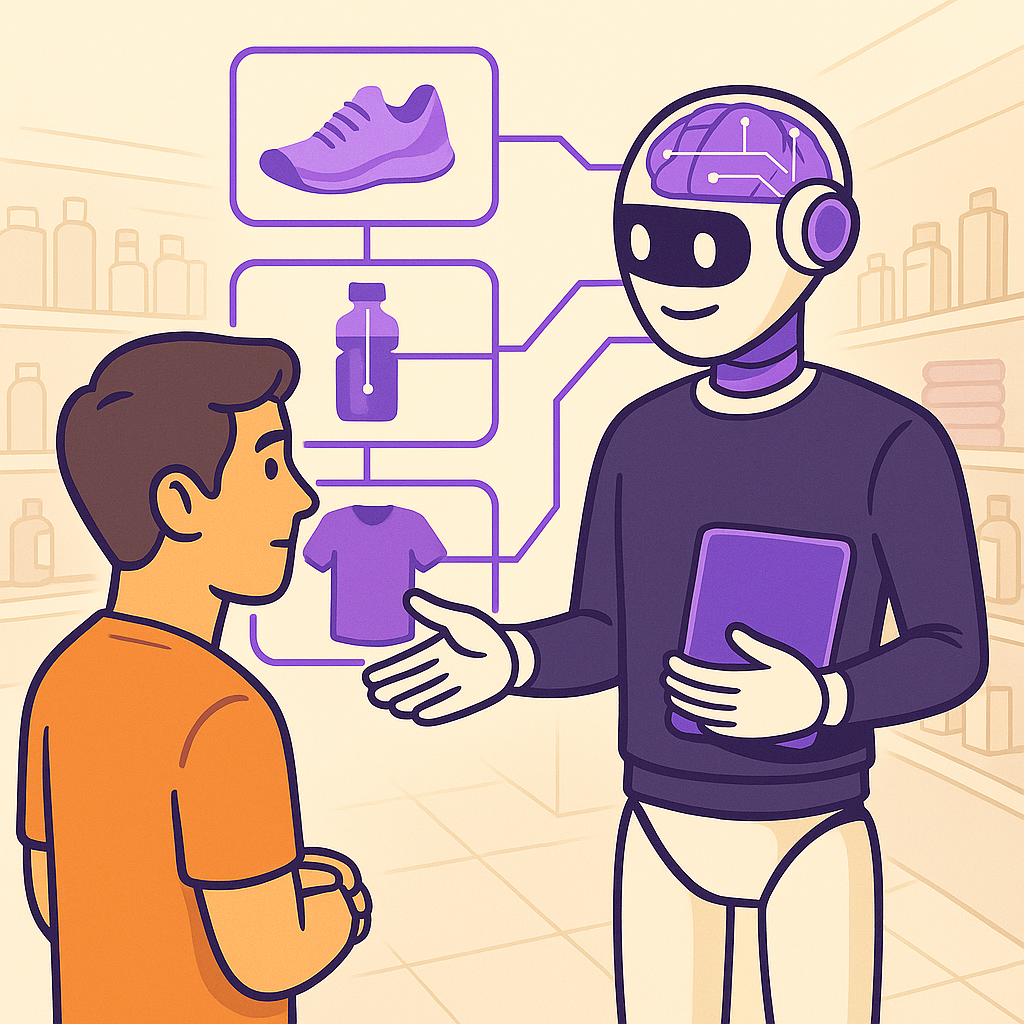 AI shopping assistant showing connected product recommendations from an e-commerce feed to a customer.
