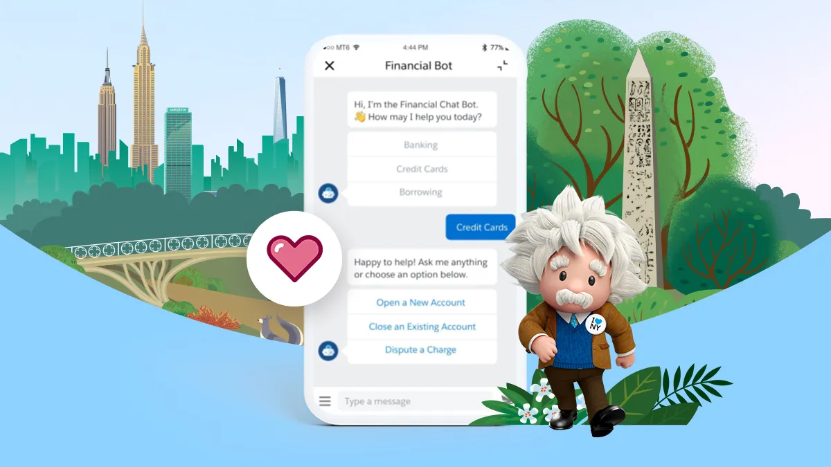 Salesforce Einstein Bot UI with chatbot messages on a mobile screen.