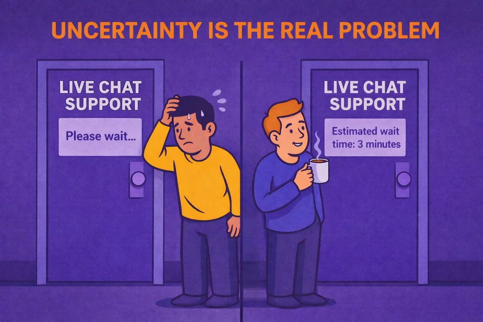 Comparison of live chat support showing unclear wait time versus estimated wait time and its impact on customer experience
