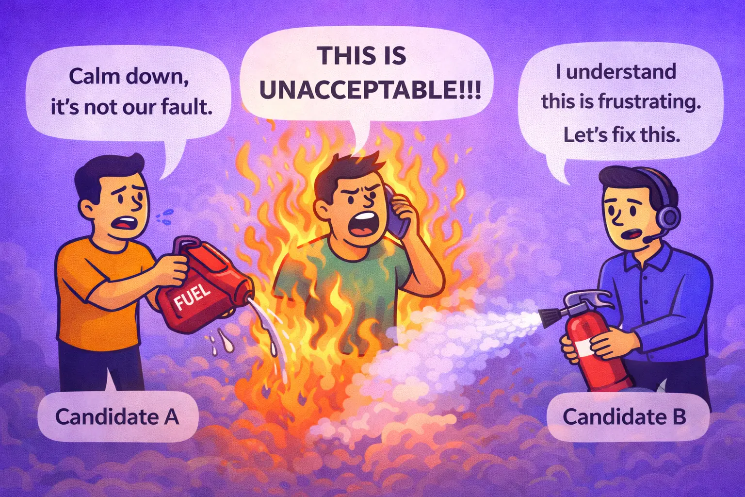 Comparison between bad and good de-escalation response in customer support, one escalating conflict and one calming it