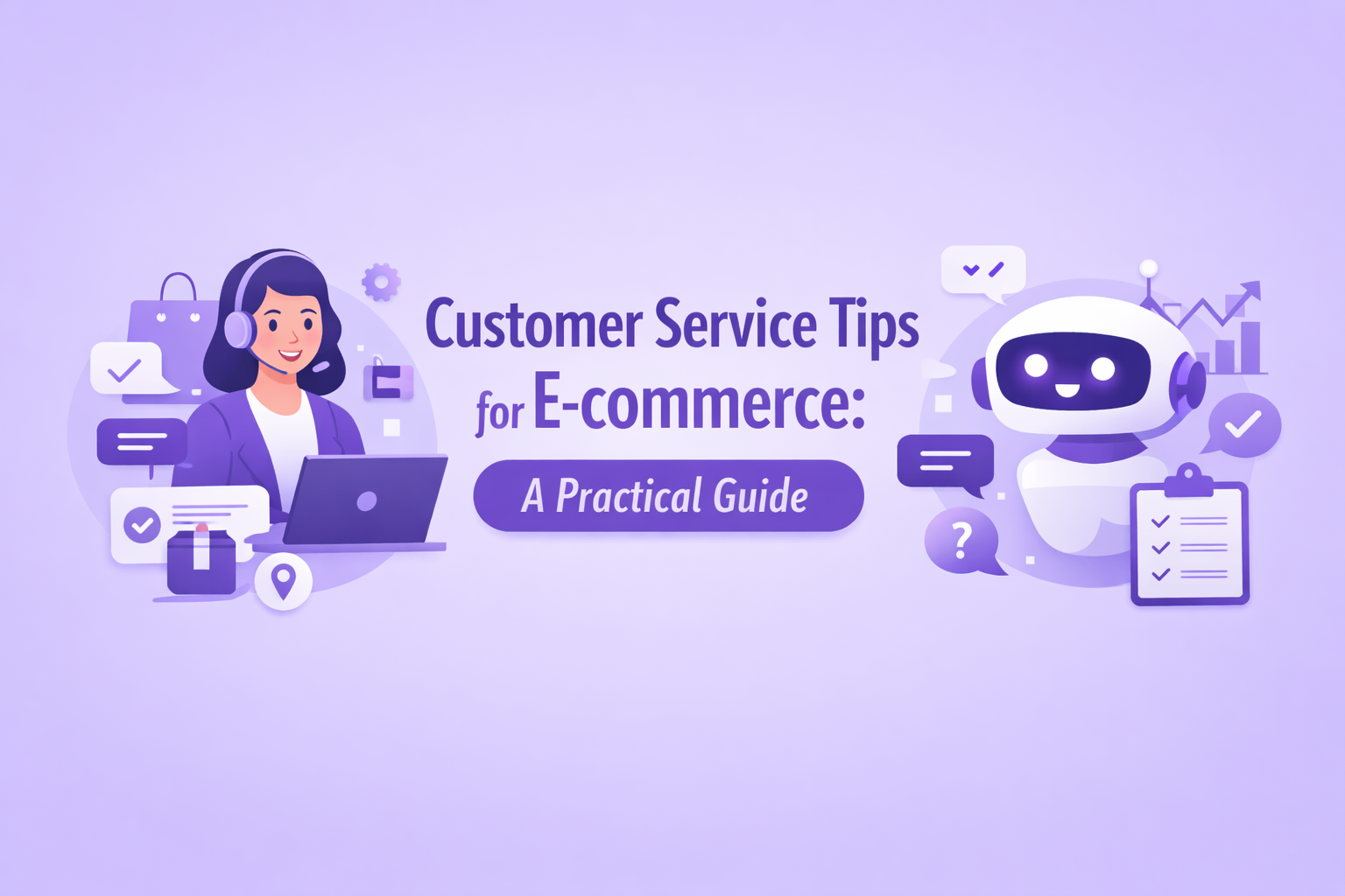 Illustration of an e-commerce customer service agent and AI chatbot helping shoppers