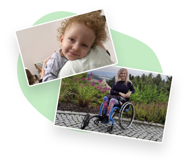 Photo of a child smiling and a young woman in a wheelchair.